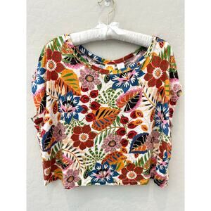 C&C CALIFORNIA | Linen Tropical Floral Boxy Short Sleeve Cropped Tee | XL